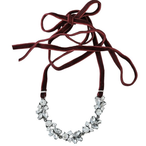 Silver Tone Clear Rhinestone Collar, Red Velvet Cord Statement Necklace 60" Long - Picture 2 of 8